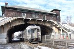 NJT Train # 1712 traveling beneath Ridge Rd and the former Lackawanna Kingsland station building on approach to the platforms